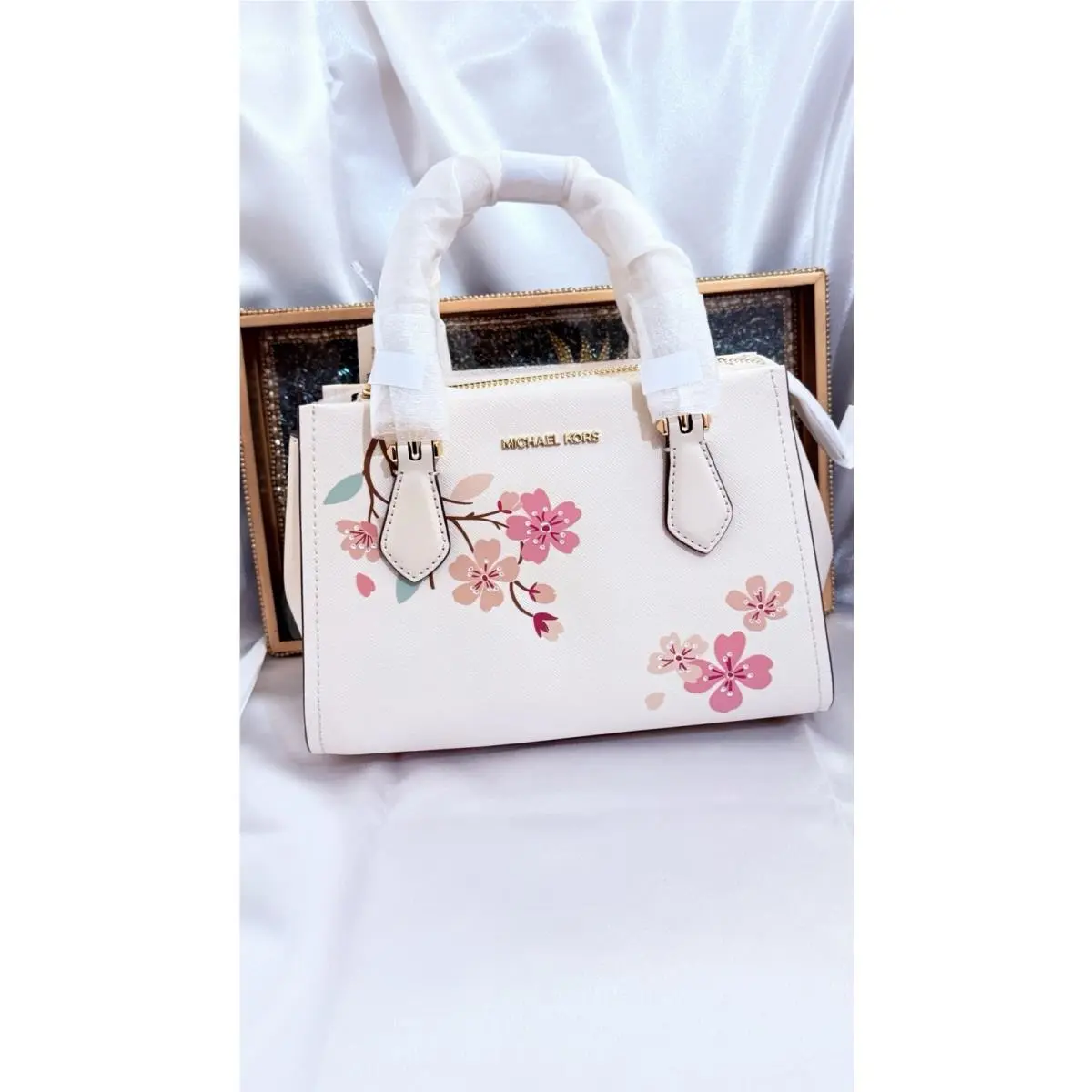Michael Kors Marilyn Small Satchel Floral Crossbody Bag Handbag Cream Pink