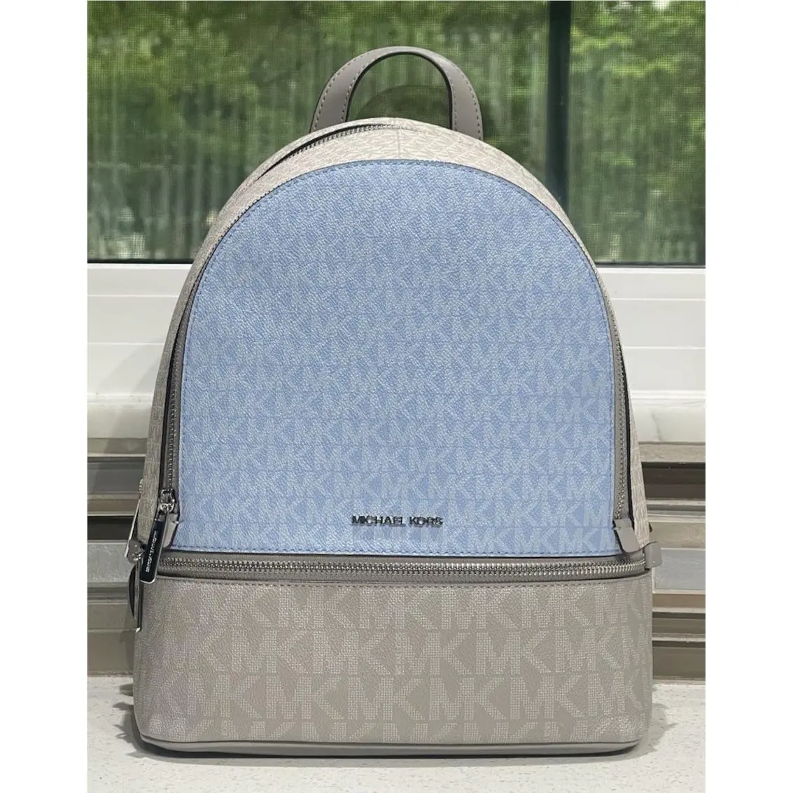Michael Kors Rhea Medium Zip Backpack Bag Tote Light Blue Off White Gray MK Logo