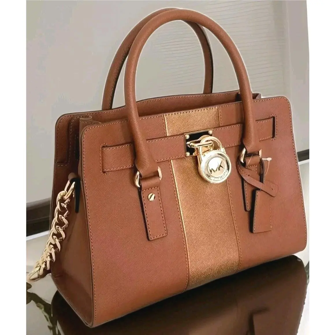 Michael Kors Hamilton Center Stripe Luggage Saffiano Leather Satchel Bag