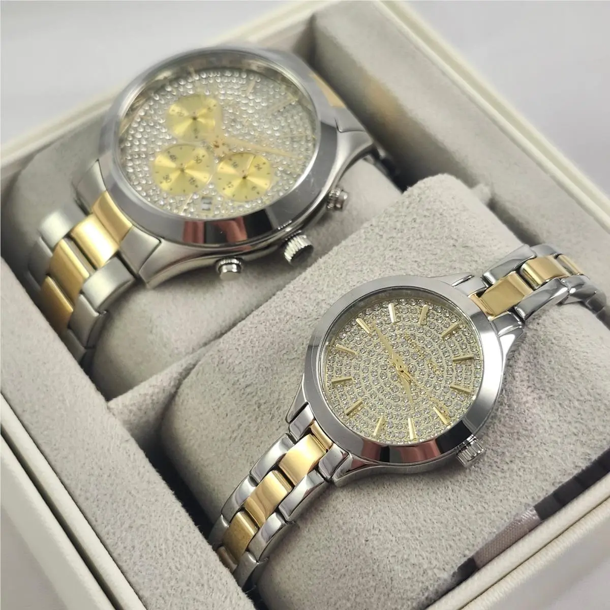 Michael Kors Aspyn His Hers Two Tone Gold Silver Pave Watch Set MKO9014