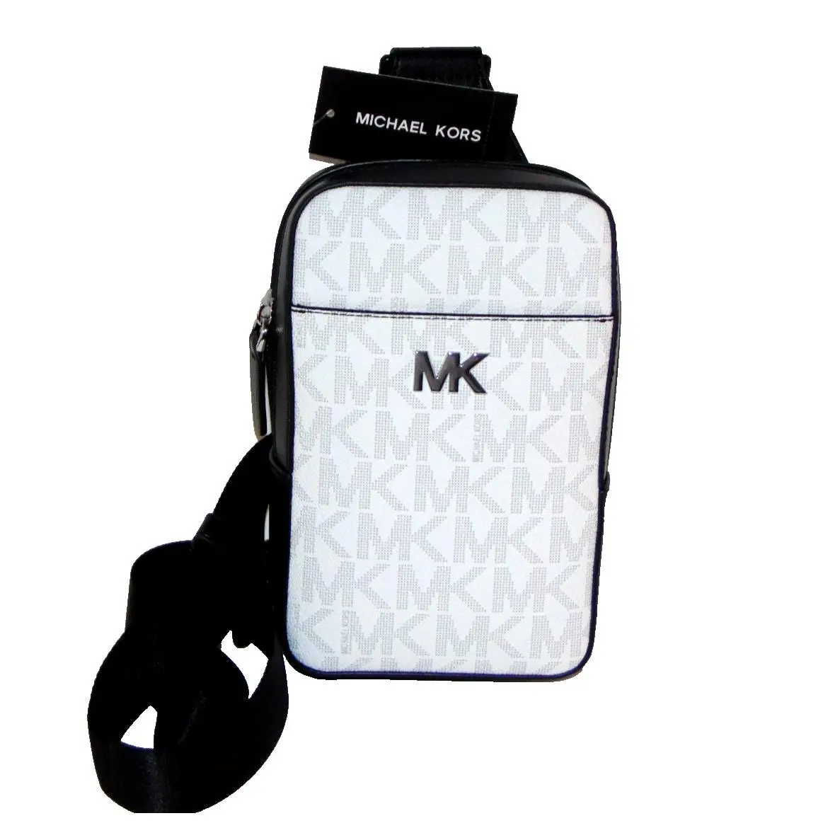 Michael Kors Small White MK Monogram Canvas Crossbody Bag Black Trim