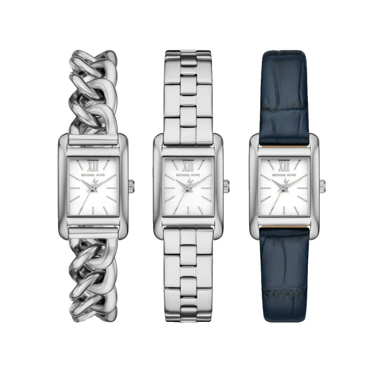 Michael Kors Silver Navy Blue Petite Monroe 3 Band Set S/s + Leather Band Watch