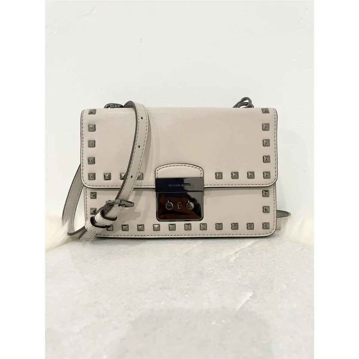Kors Sloan Studded Small Gusset Crossbody Clutch Bag Cement
