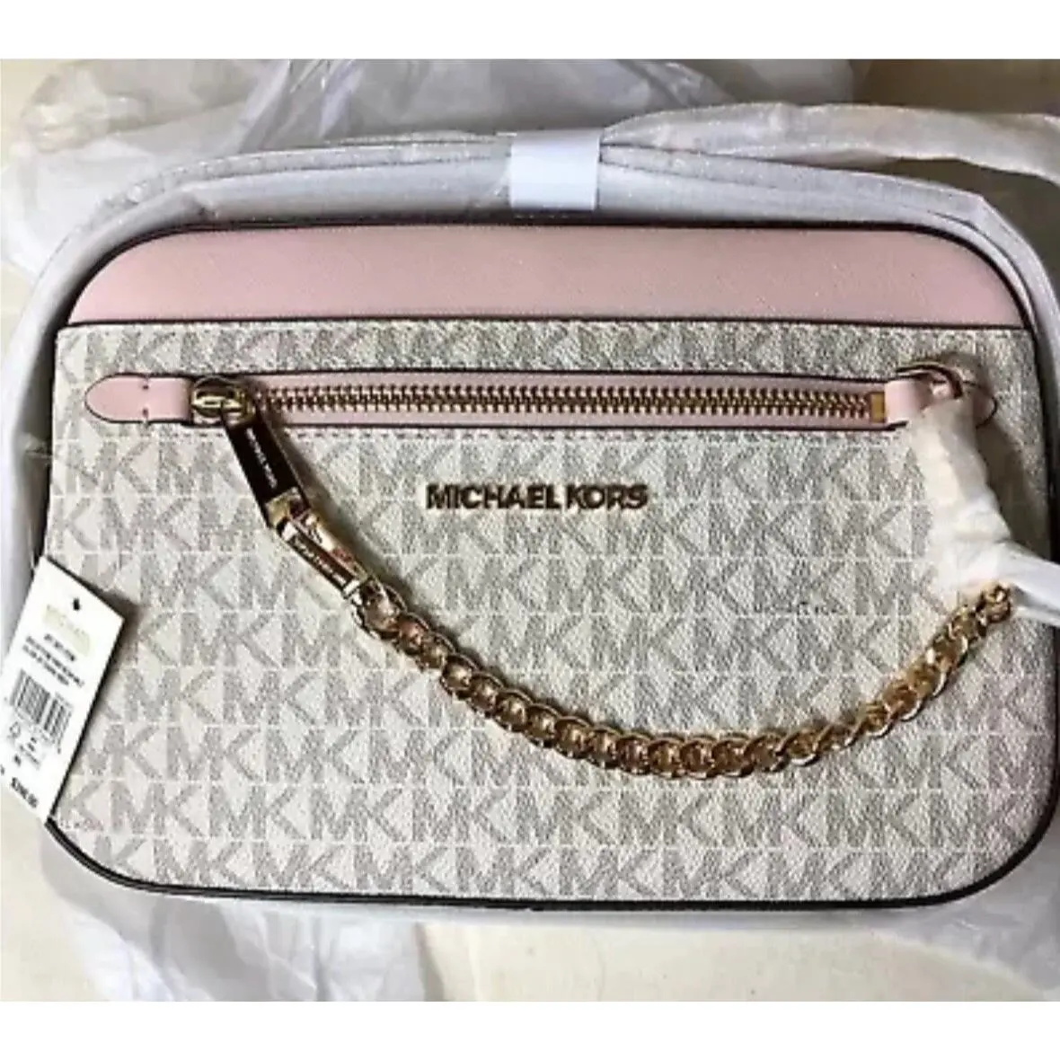 Michael Kors Jet Set Chain Crossbody Bag Powder Blush Pink Logo Monogram Zip