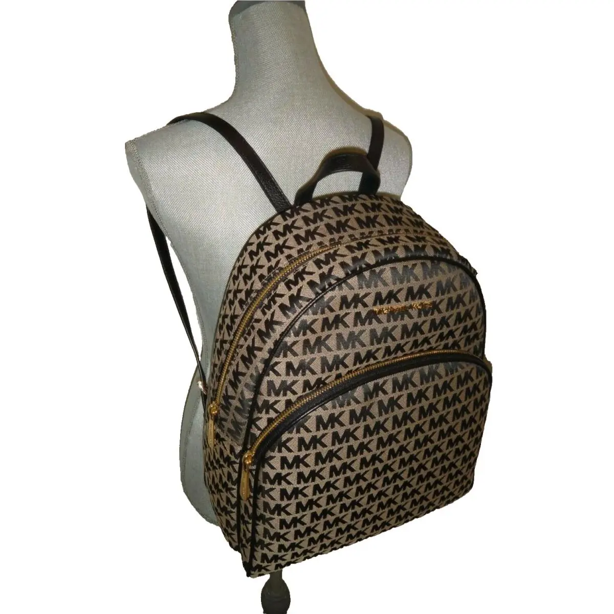 Michael Kors Women`s Abbey MK Signature Jacquard Large Backpack Beige Black Gold