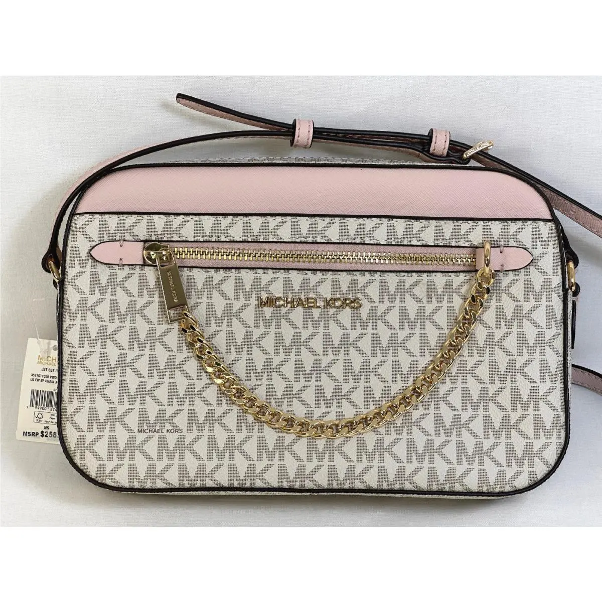 Michael Kors Jet Set Lg East West Zip Vanilla/blush Logo Chain Crossbody Bag