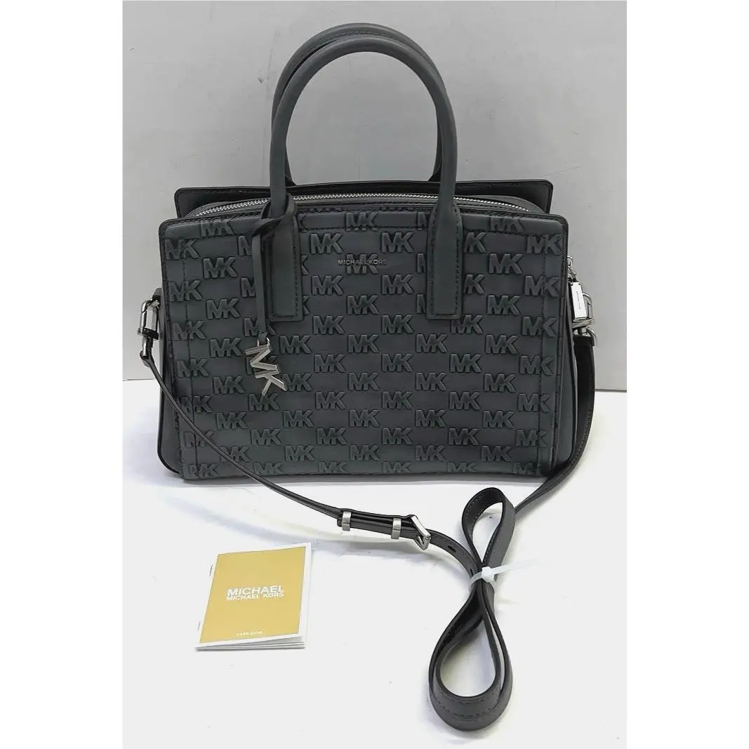 Michael Kors Laila Storm Grey MK Logo Leather Medium Satchel Shoulder Bag
