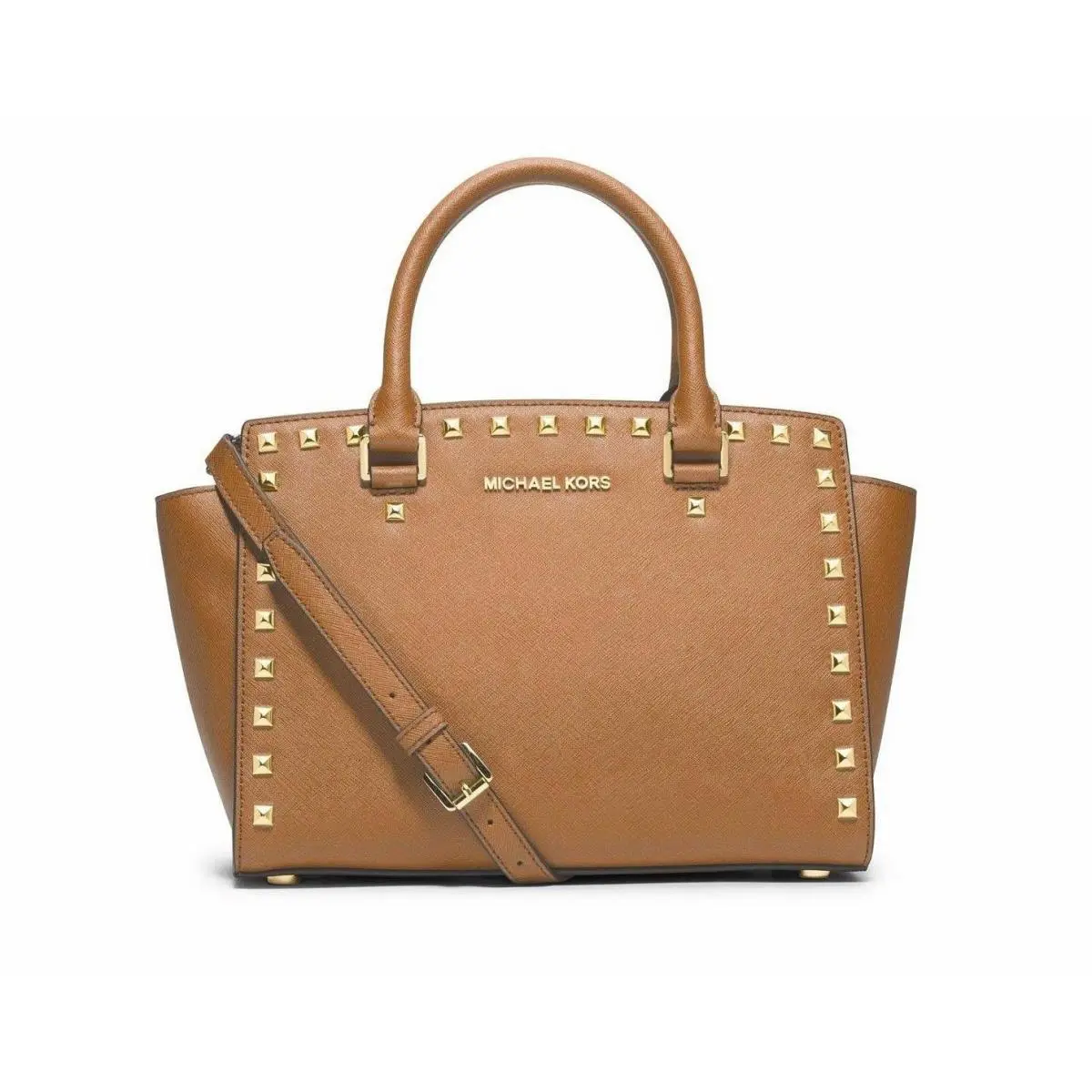 Michael Kors Studded Selma Medium Satchel Bag Peanut Brown Authentc