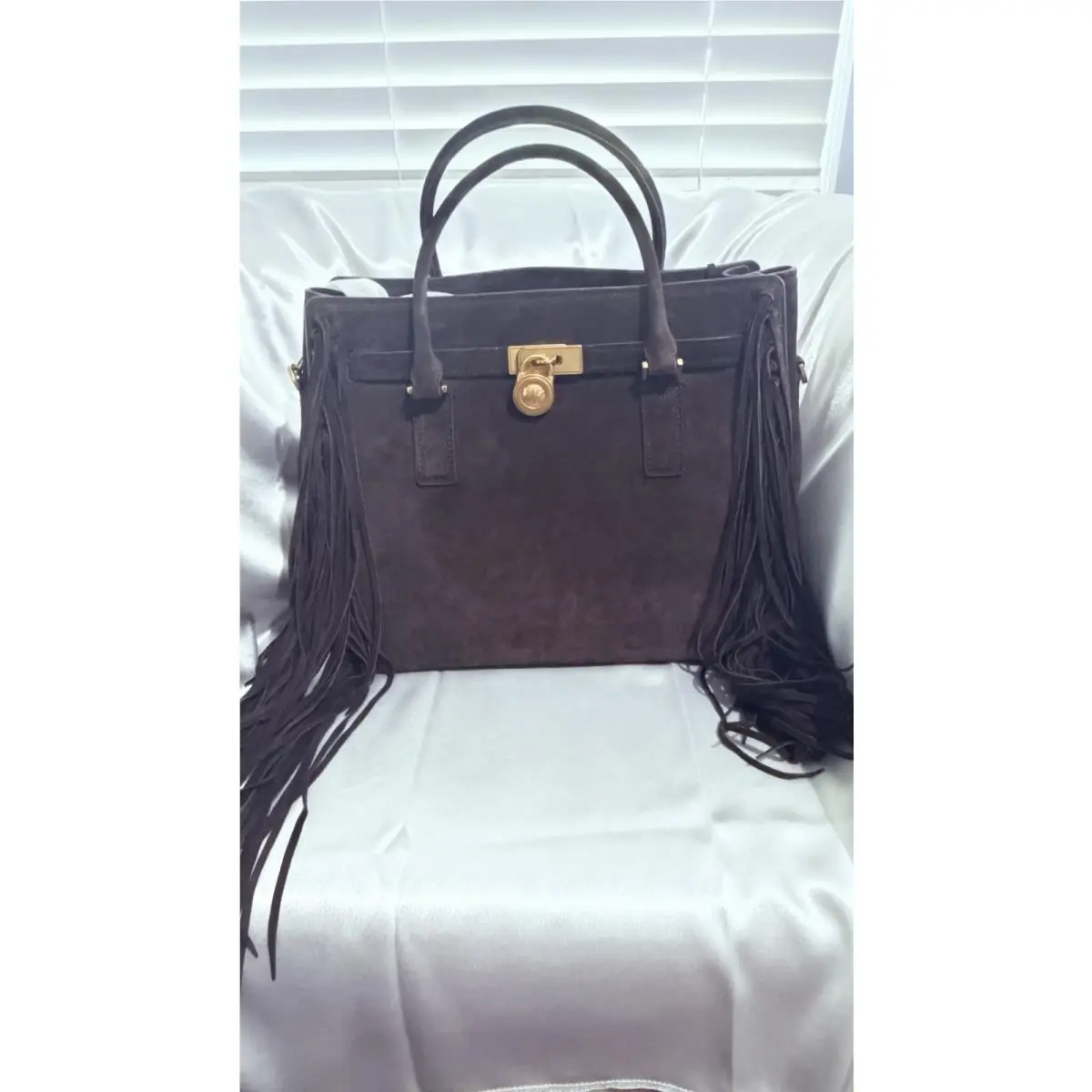 Michael Kors Suede Hamilton Moderne Large Satchel Handbag Bag Fringe Brown