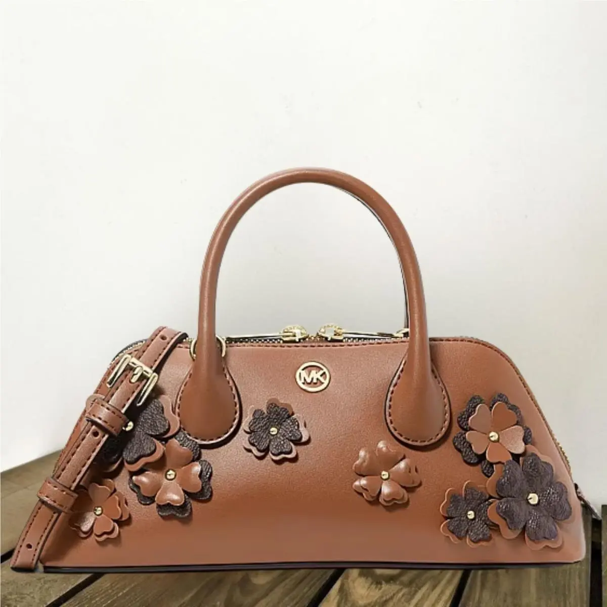 Michael Kors Petra Women Small MK Logo Floral Embellished Crossbody Bag Luggage