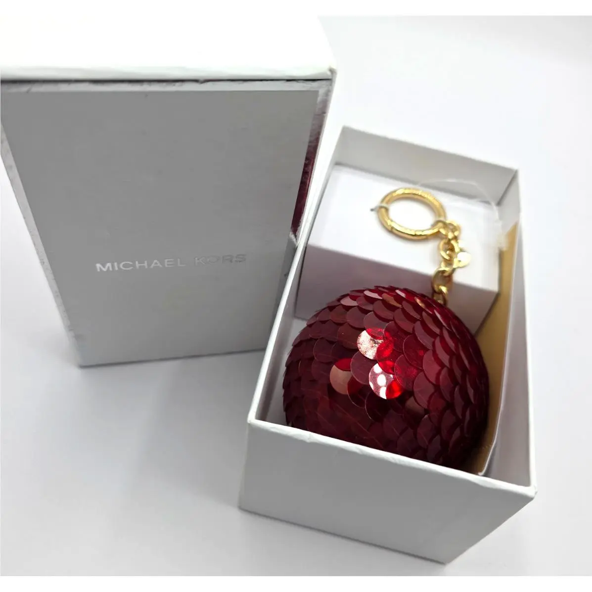 Pom Pom Bag Charm Disco Ball Keychain Cherry Red Gold Tone by Michael Kors