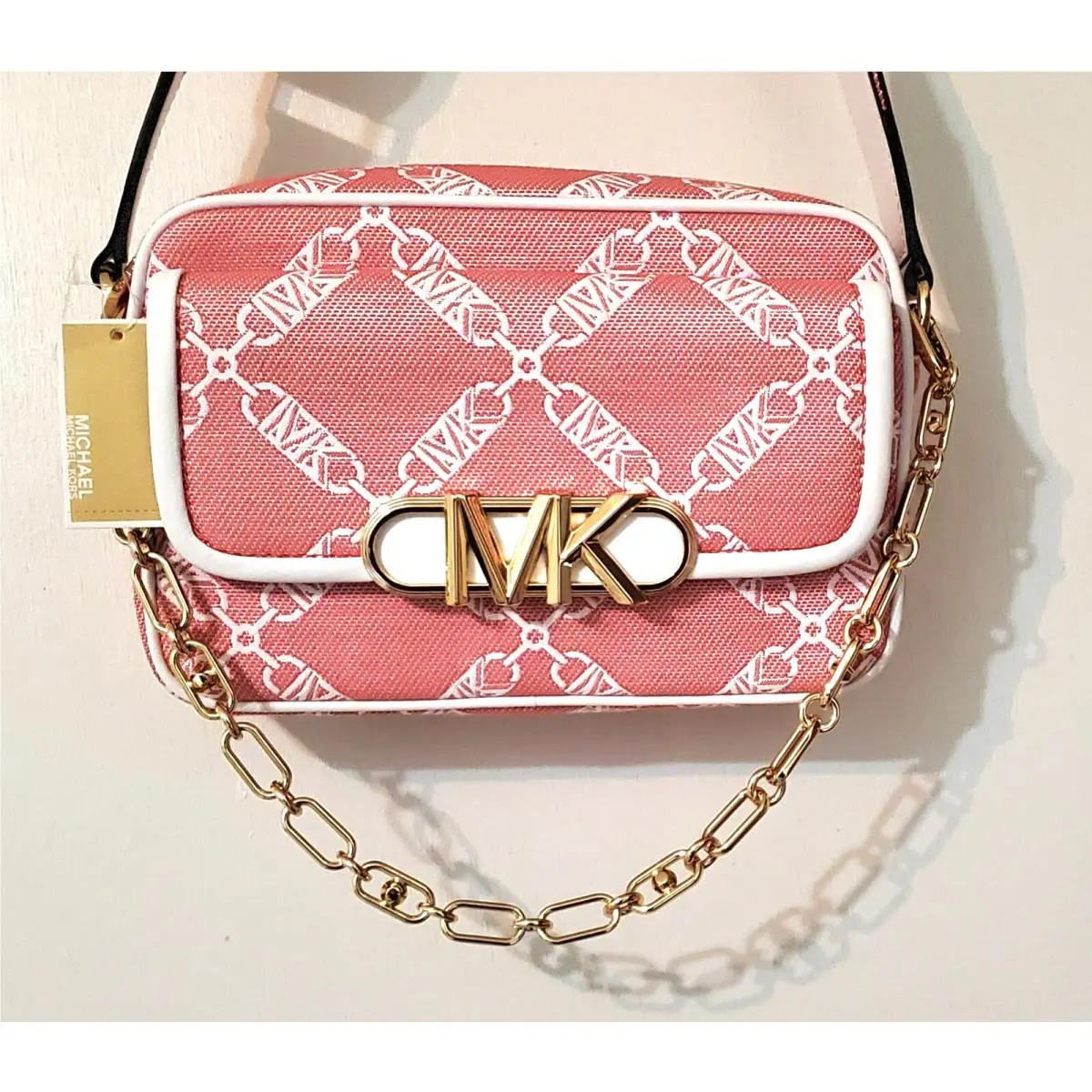 Michael Kors Parker Pink White Empire Logo Shoulder Bag Purse Crossbody