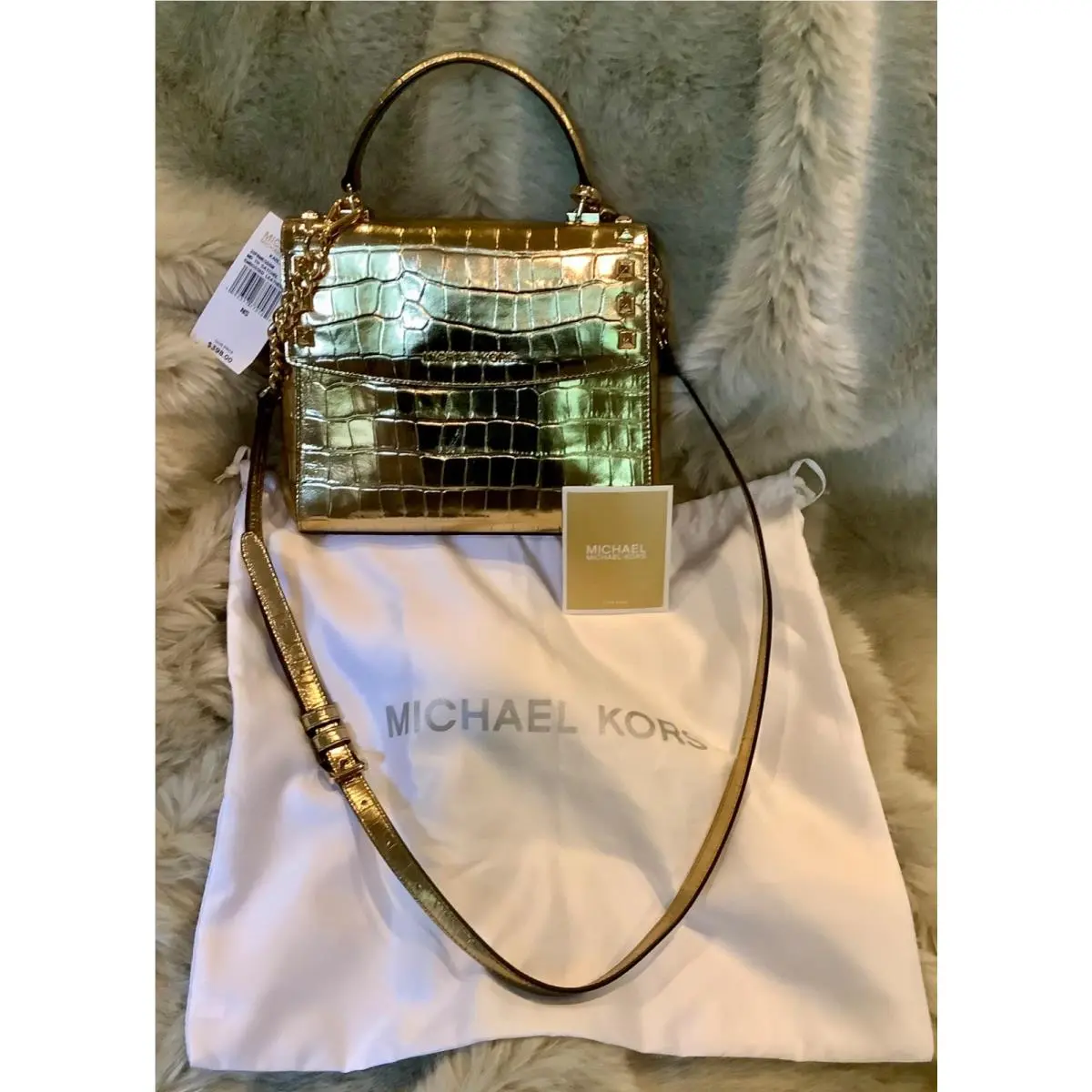 Michael Kors Karla Gold Saffiano Leather Croc Embossed Satchel Shoulder Bag
