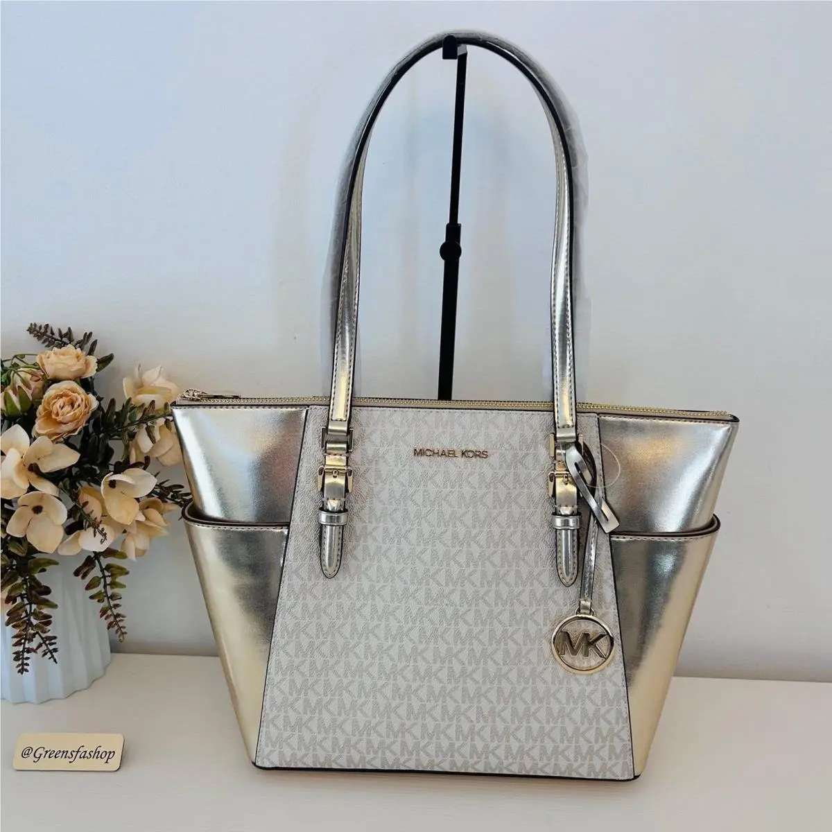 Michael Kors Charlotte Top Zip Tote Shoulder Bag Pale Gold