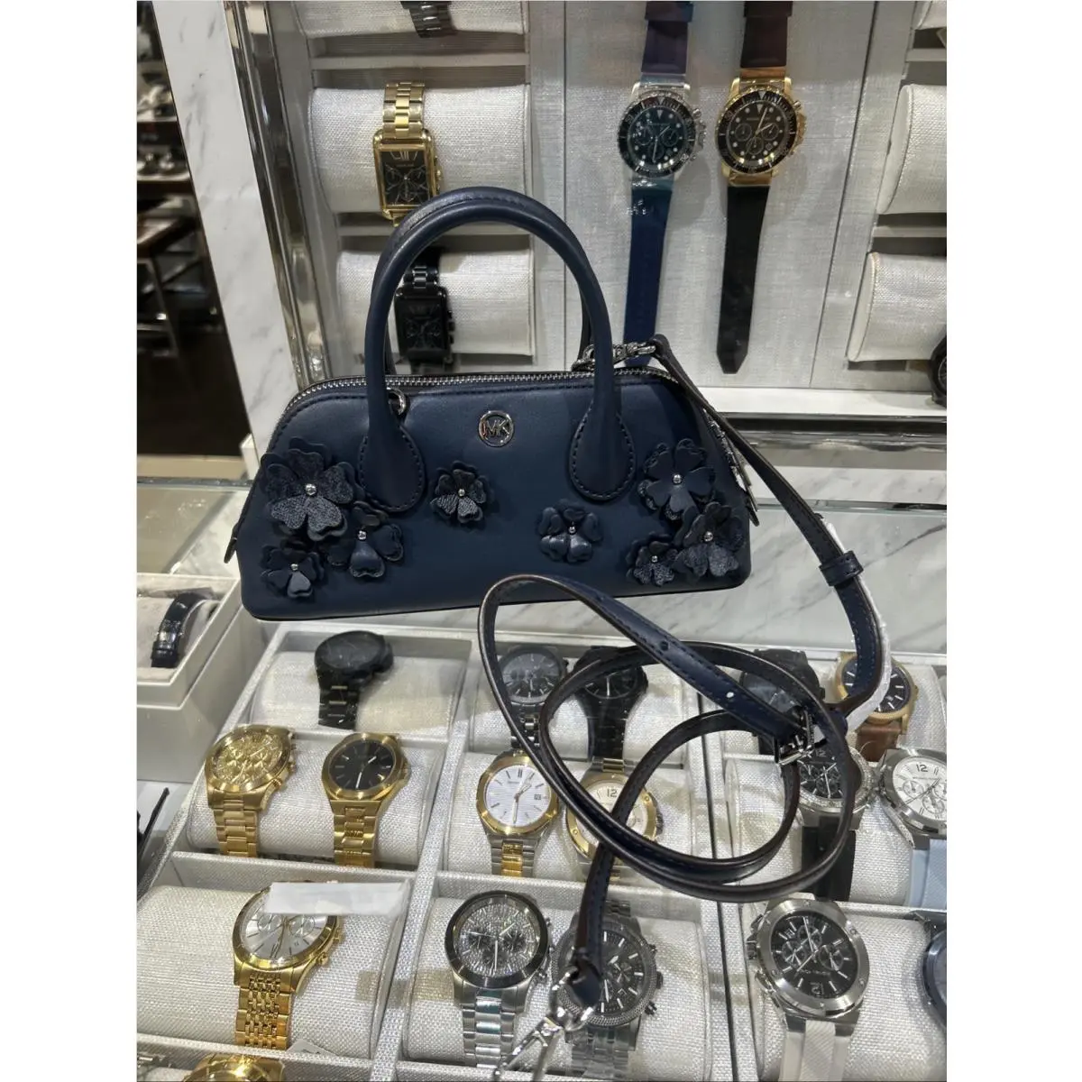 Michael Kors Petra Women Small MK Logo Floral Embellished Crossbody Bag Navy