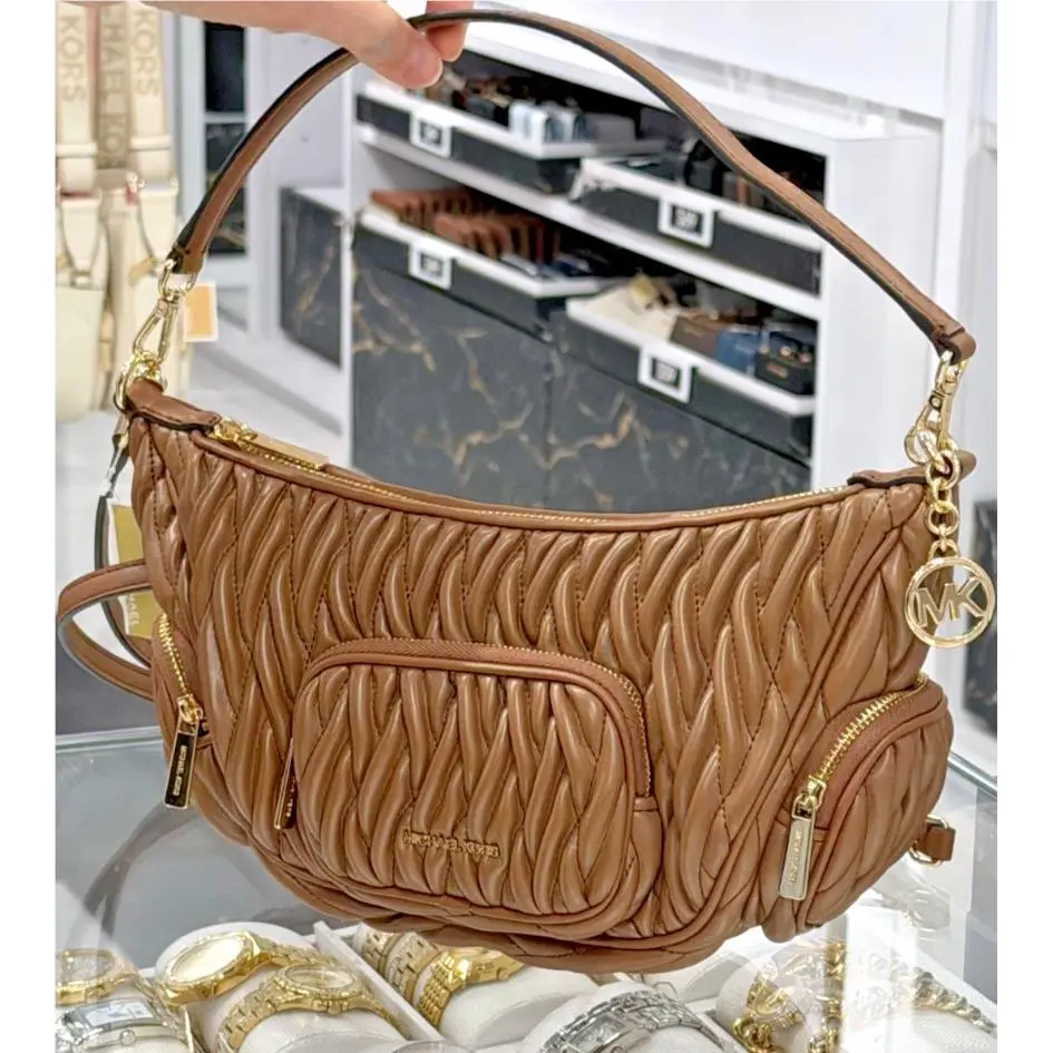 Michael Kors Merritt Matelassé Convertible Shoulder Crossbody Bag Brown Luggage