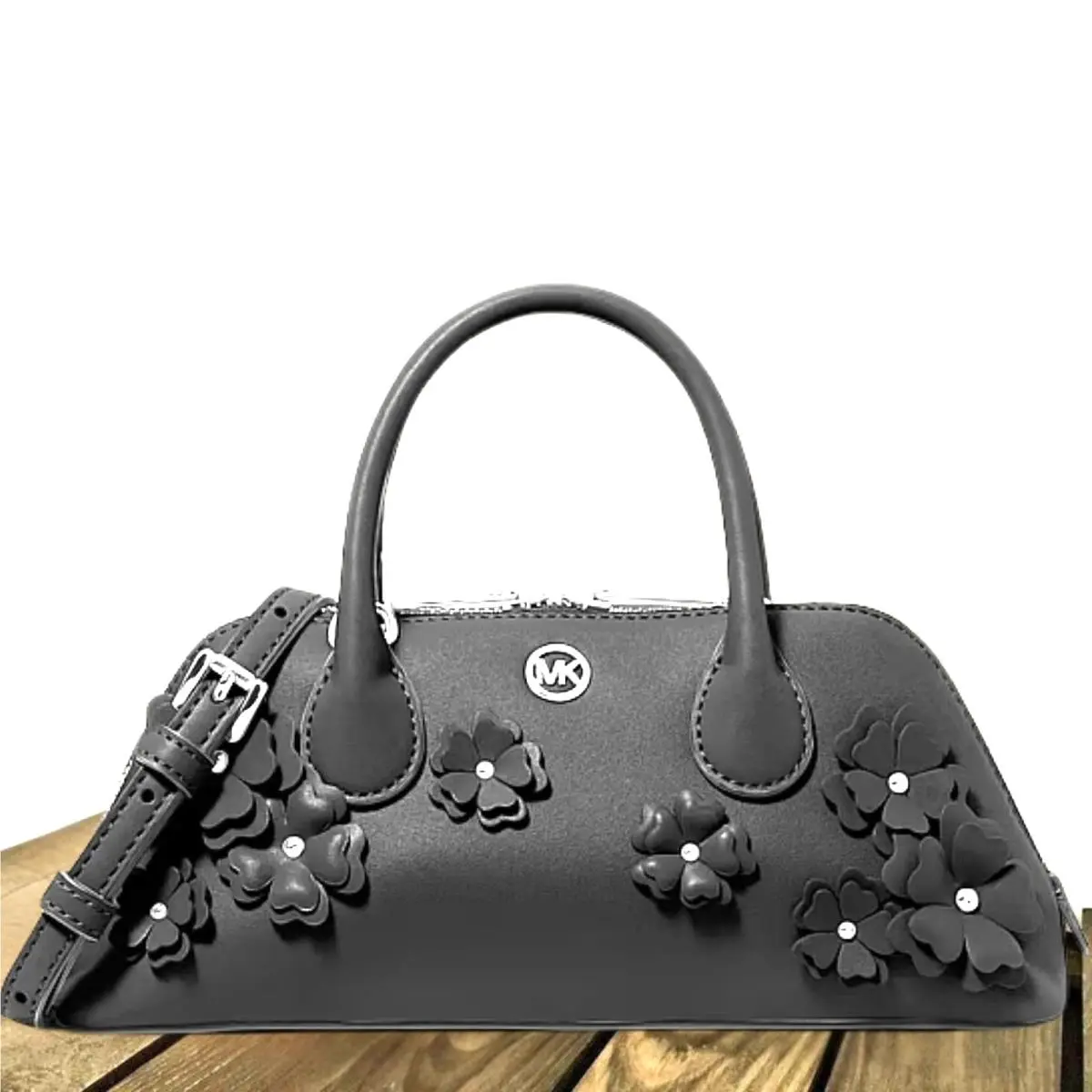 Michael Kors Petra Women Small MK Logo Floral Embellished Crossbody Bag Black