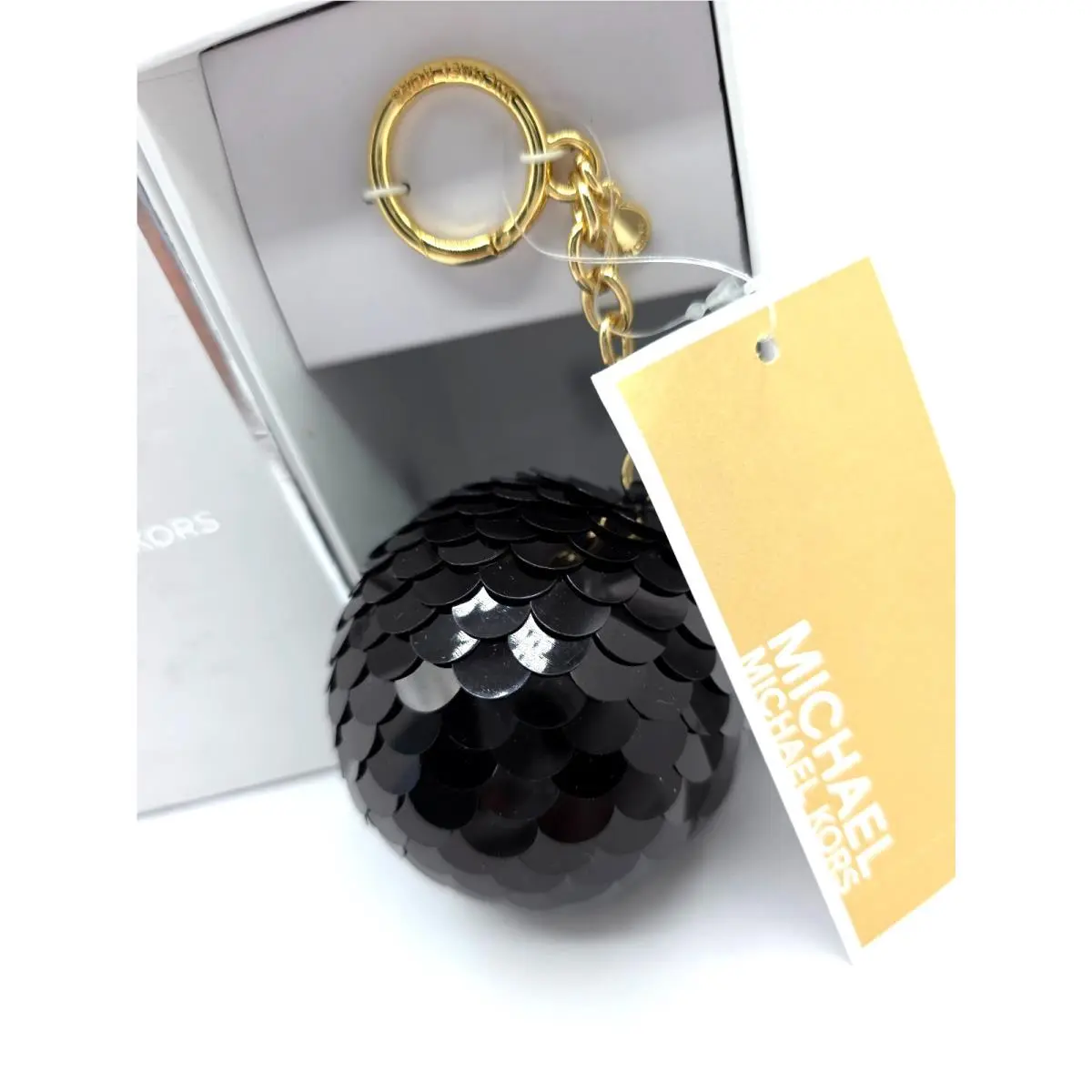 Pom Pom Bag Charm Disco Ball Keychain Black Gold Tone by Michael Kors