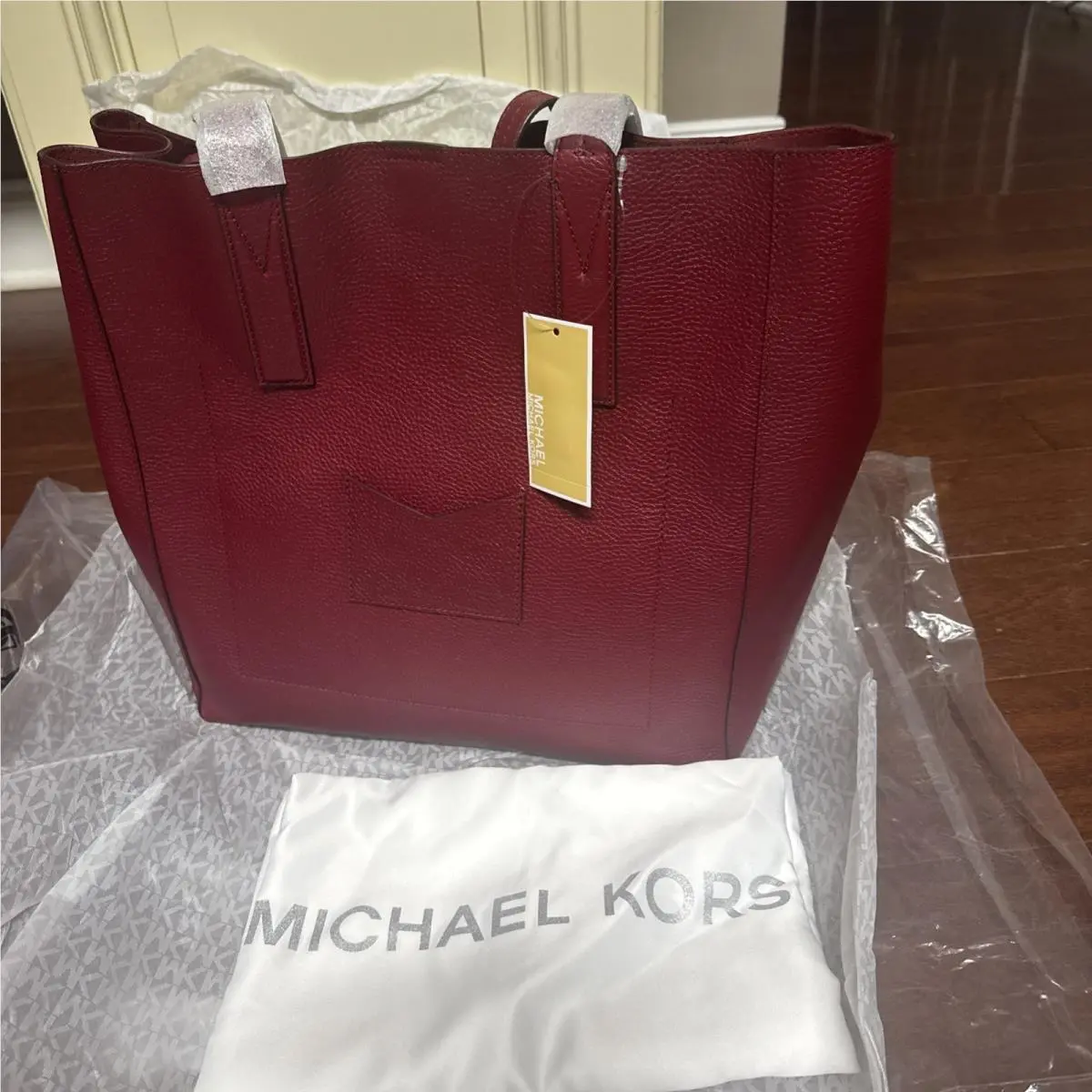 Michael Kors Junie Large Tote Purse Handbag Maroon Marble Leather 30T8TX5T3L