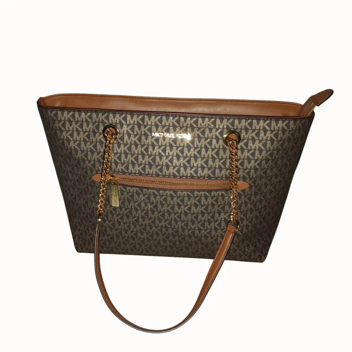 Michael Kors Womens Medium Front Zip Chain Brown/gold Tote Bag