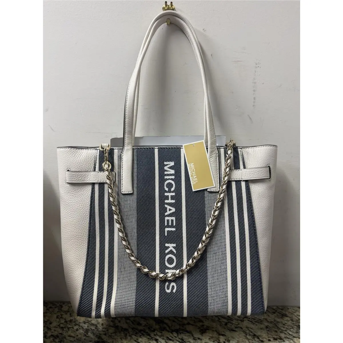 Carmen Large Belted Tote Navy Multi Striped Logo Accent by Michael Kors