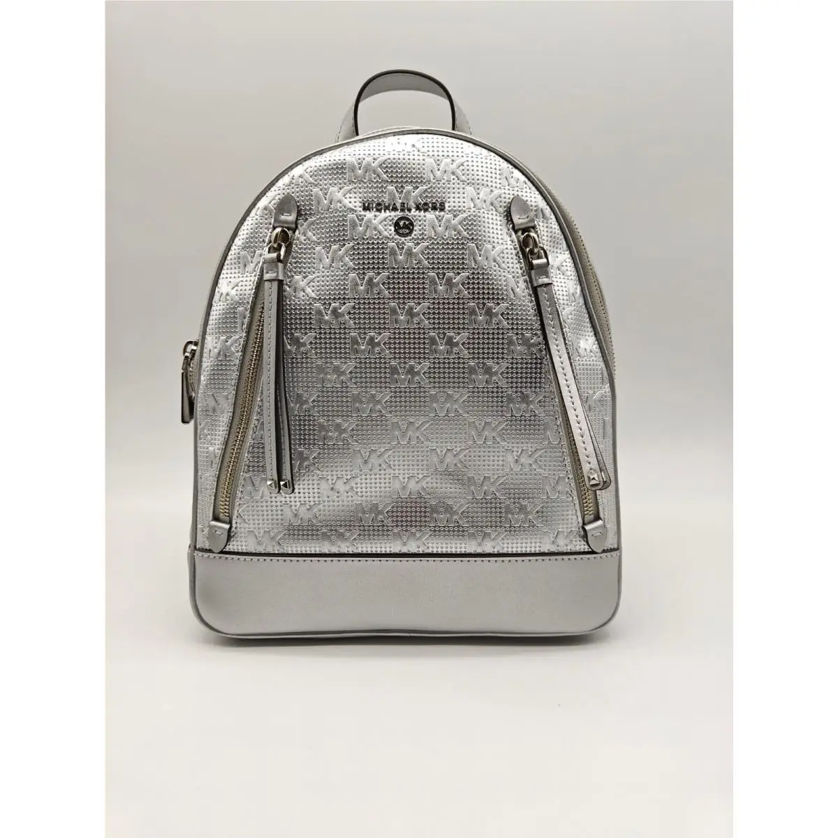 Michael Kors Brooklyn Logo Metallic Women`s Front Zip Small Backpack in Silver