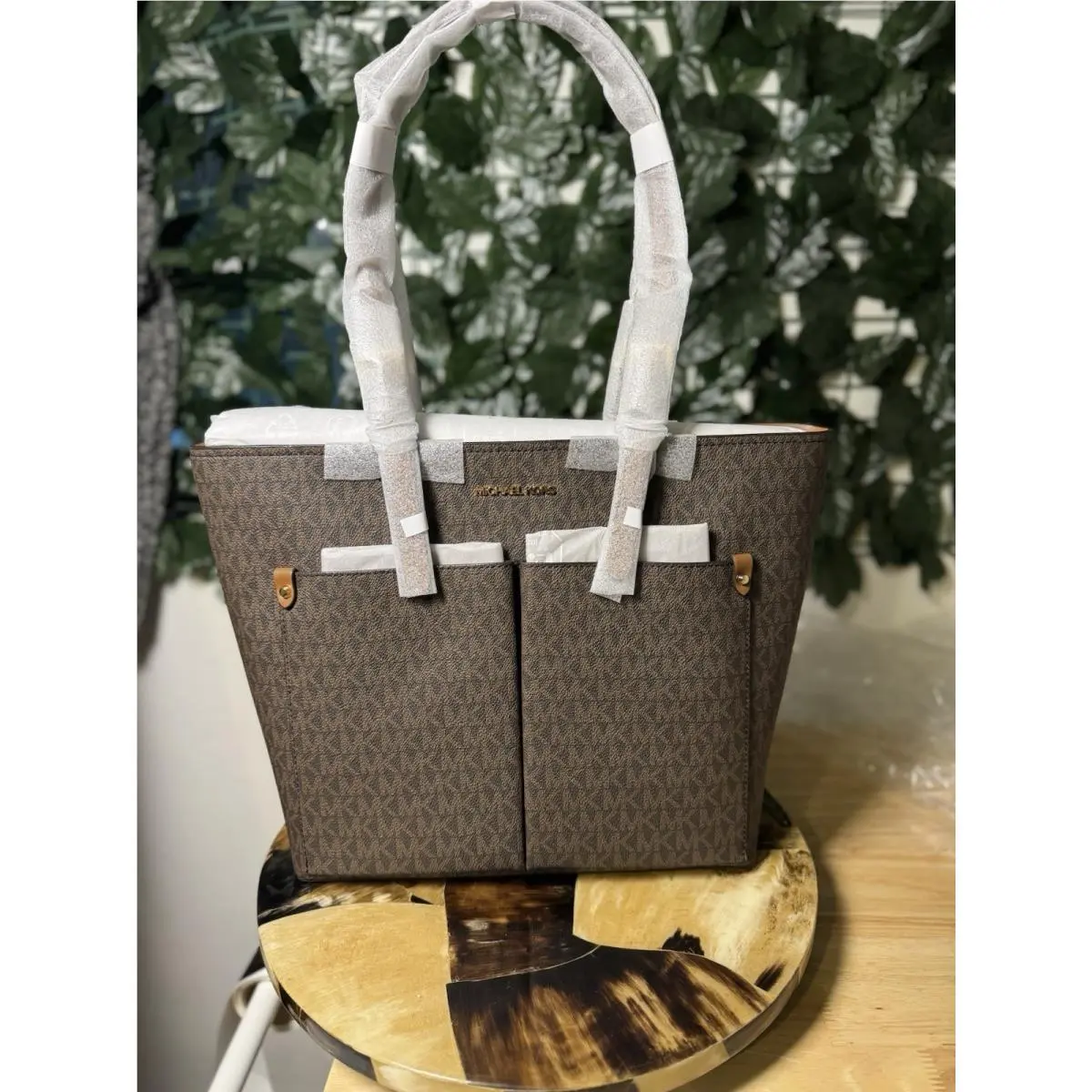 Jet Set Medium Double Pocket Tote Shoulder Bag Purse MK Brown Logo by Michael Kors