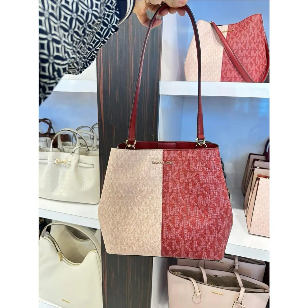 Michael Kors Pratt Women Medium Two-tone Logo Bucket Shoulder Bag Cherry Multi