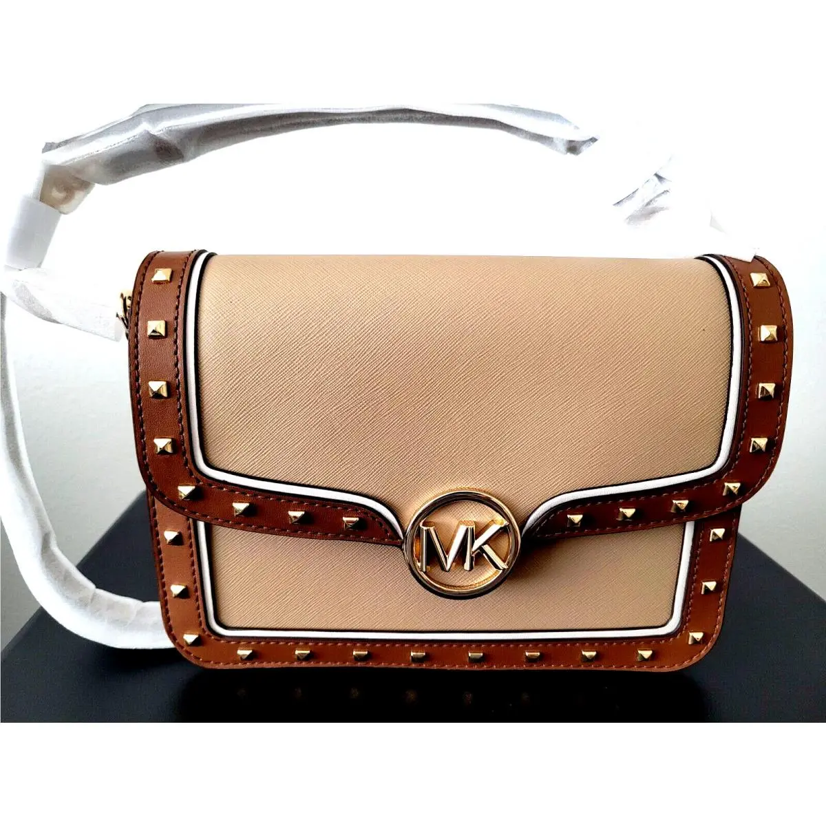Michael Kors Leida Medium Studded Shoulder Bag Flap Chain Camel