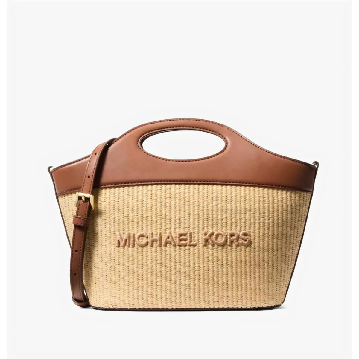 Michael Kors Tatum Medium Woven Crossbody Bag Tan Straw Handbag