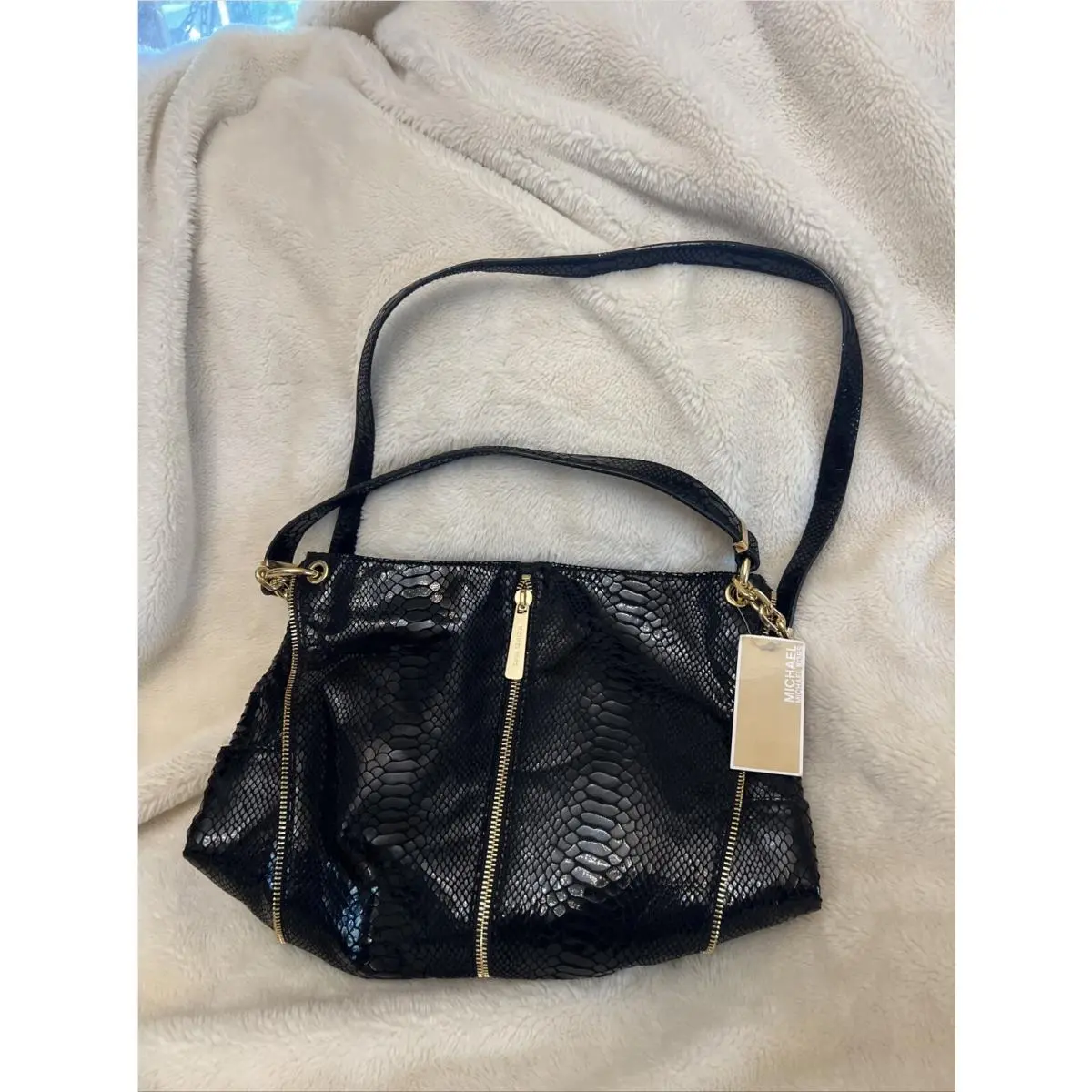 Michael Kors Newman Black Python Embossed Leather LG Hobo Shoulder Hand Bag