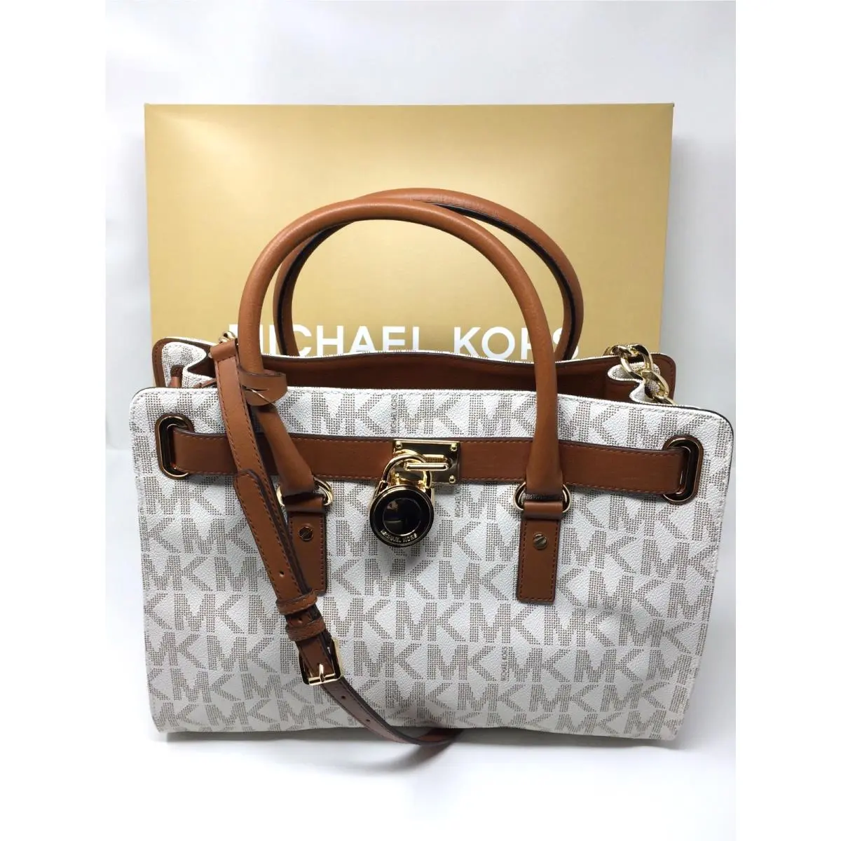 Michael Kors Hamilton Ivory Monogram Padlock Logo Satchel