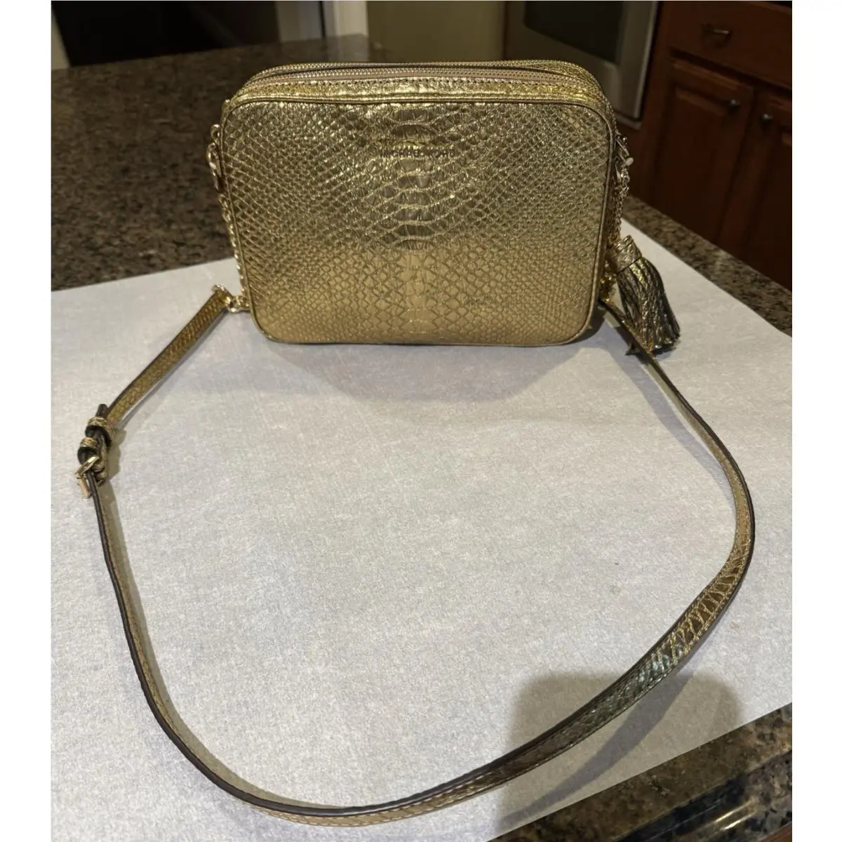 Michael Kors Ginny Large Gold Embossed Leather Camera Bag