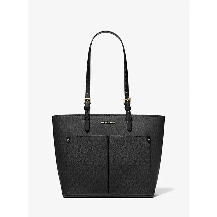 Michael Kors Jet Set Medium Logo Pocket Tote Bag MK Logos Black