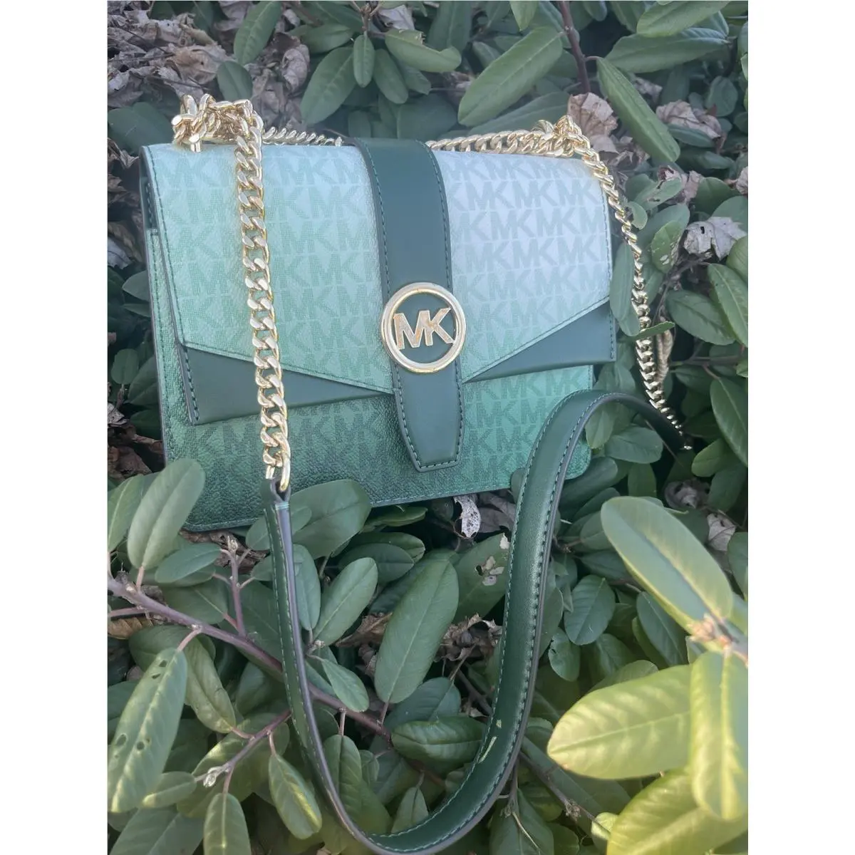Michael Kors Greenwich Women Small MK Flap Crossbody Hand Bag Green Moss Multi