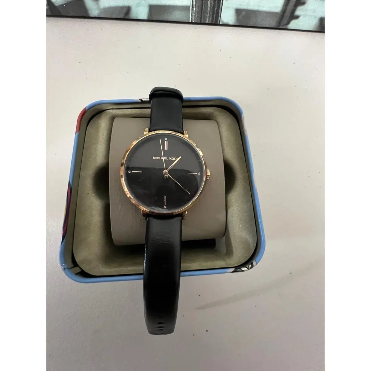 Michael Kors MK7101 Jayne Three-hand Rose Gold-tone and Black Leather Watch
