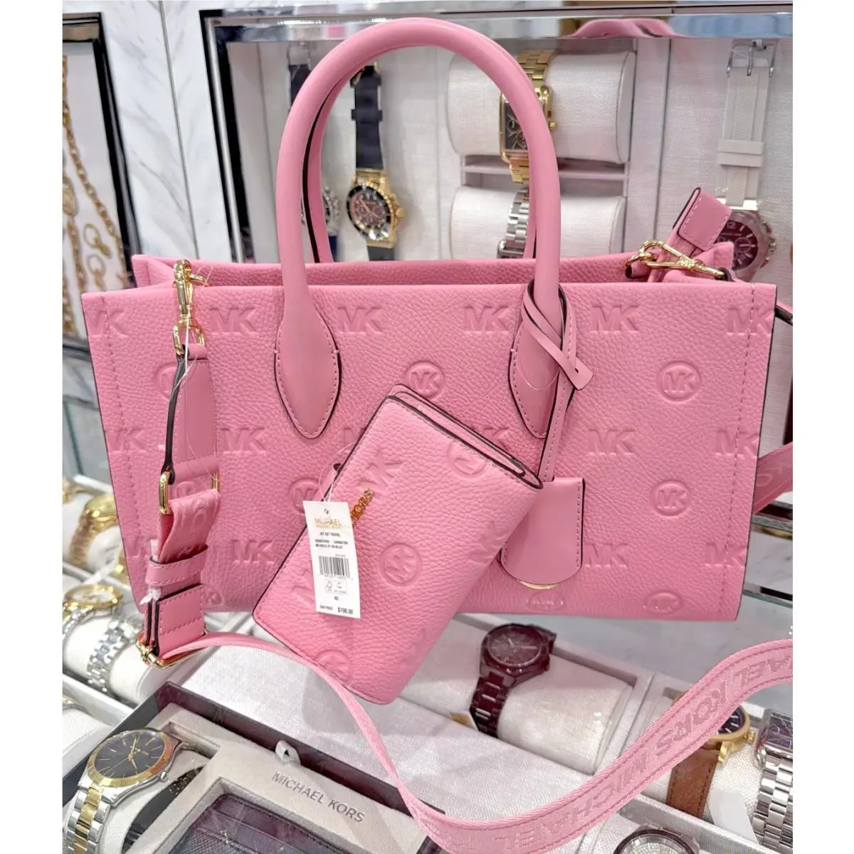 Michael Kors Mirella Medium Top Zip Satchel Bag Carnation + Bifold Wallet