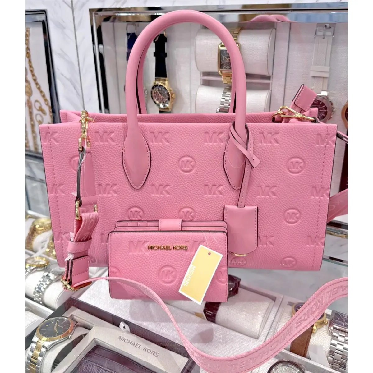 Michael Kors Mirella Medium Top Zip Satchel Bag Powder Carnation + Bifold Wallet