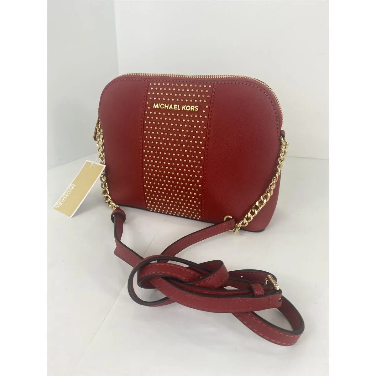 Michael Kors Crossbody Bag Micro Stud Cindy Large Dome Red Leather B2R