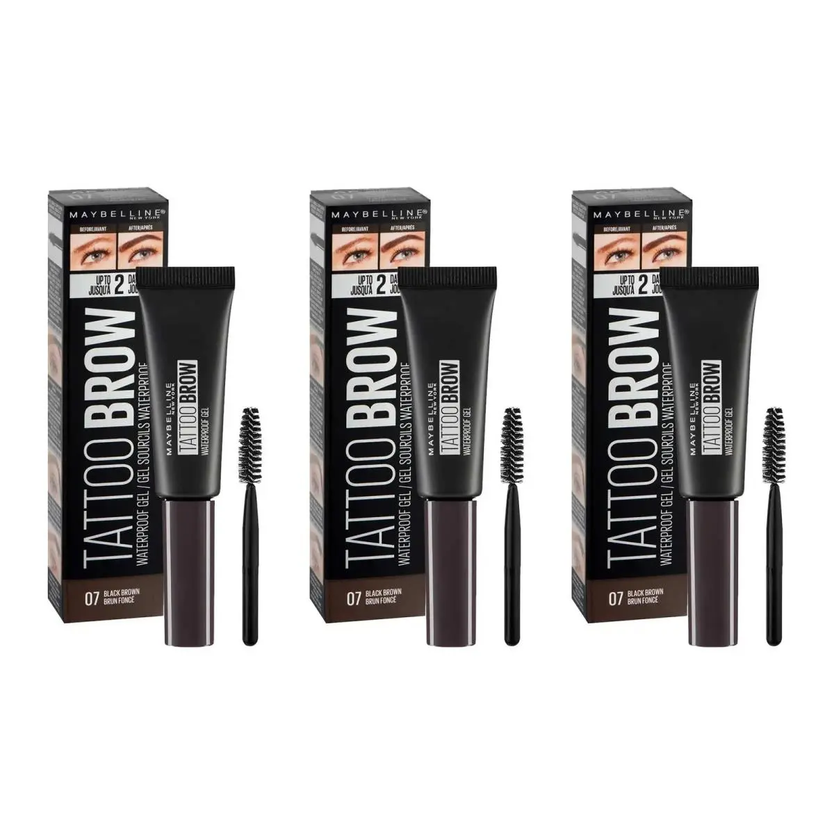 Maybelline York Tattoo Brow Waterproof Gel 07 Black Brown - 3 Pack