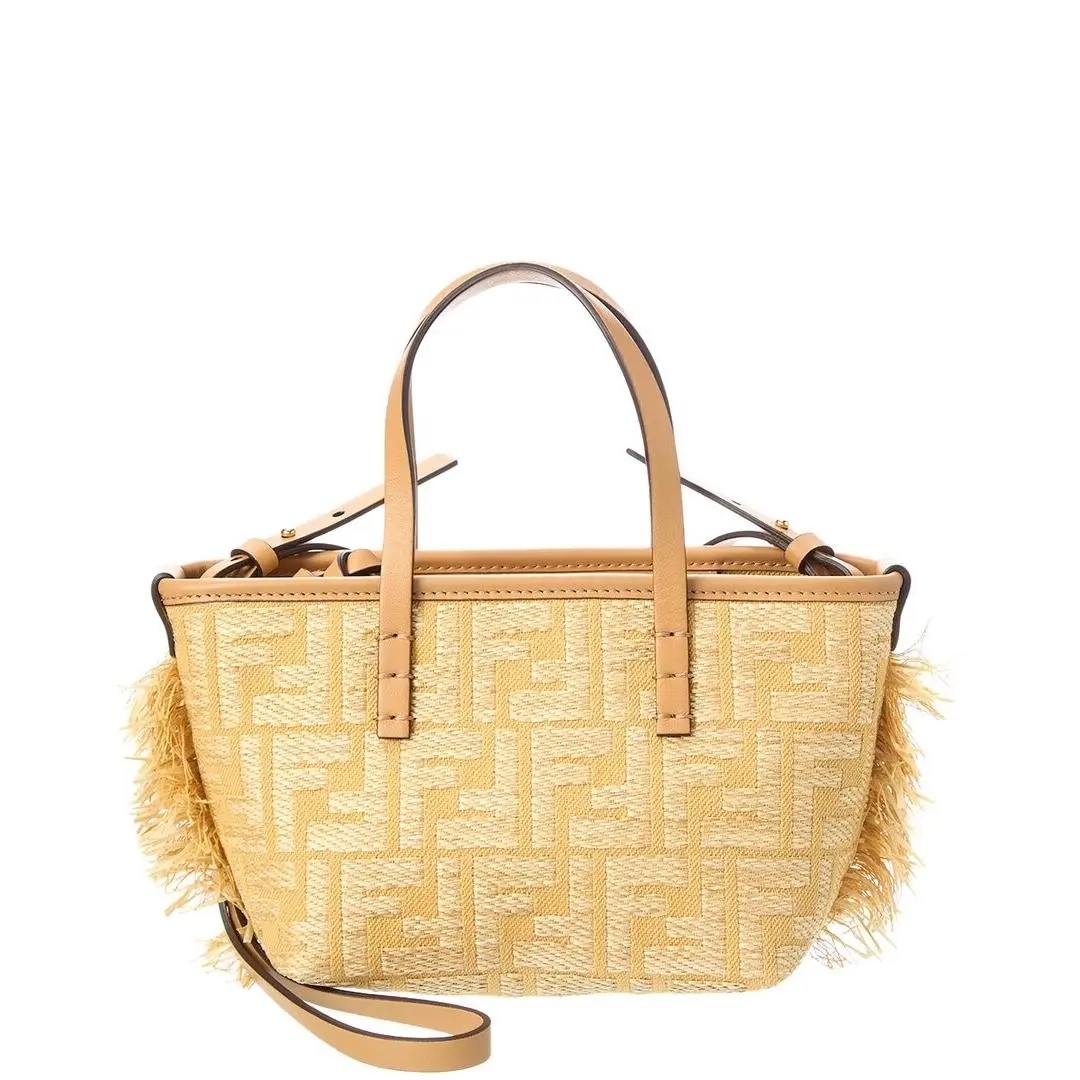 Fendi Roll Mini Ff Raffia Leather Tote Women`s Beige