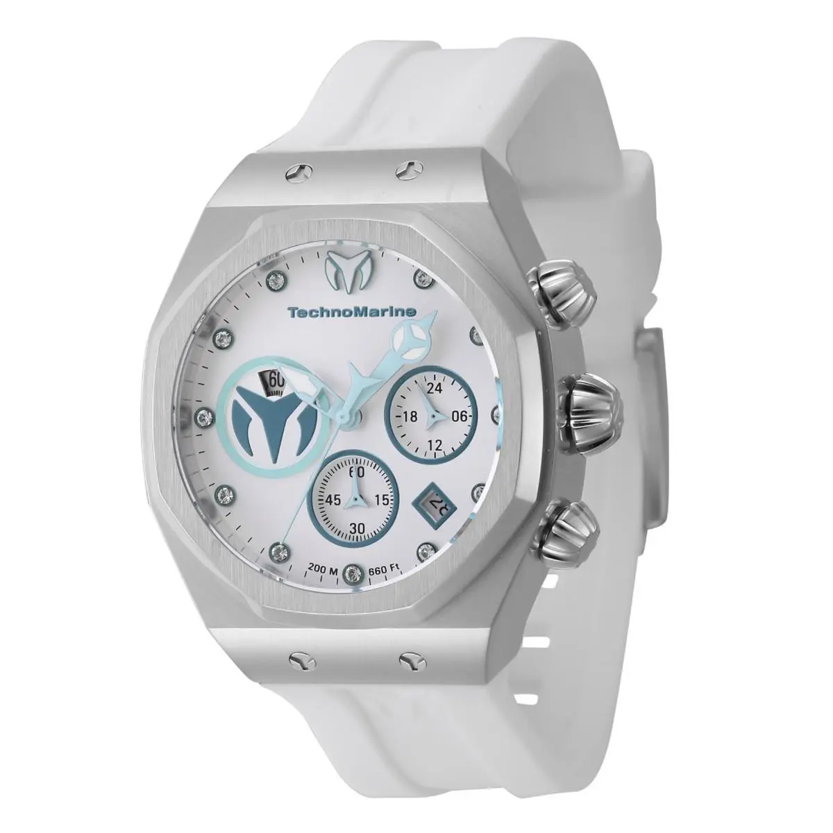 Technomarine Reef Sun Women`s 40mm Glacier Ice Crystal Chrono Watch TM-523005 - Dial: Blue,Gray,Silver, Band: White, Bezel: Gray,Silver
