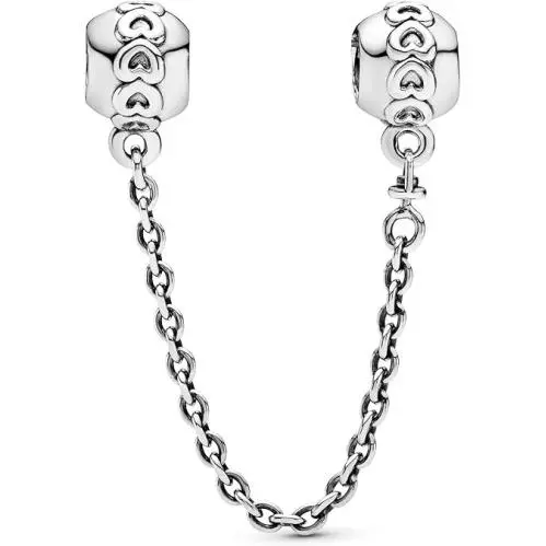 Pandora Band of Hearts Safety Chain Sterling Silver Charm Women`s Jewelry Bracelet