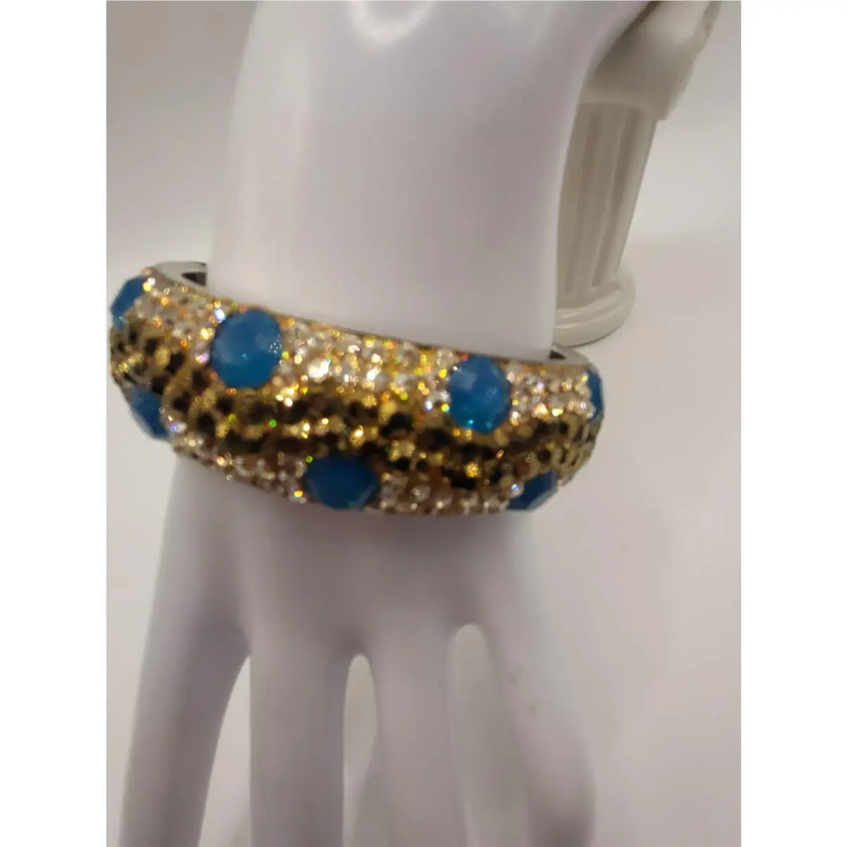 Art Deco Style Teal Champagne Swarovski Crystal Bangle Bracelet Size 7 1/2