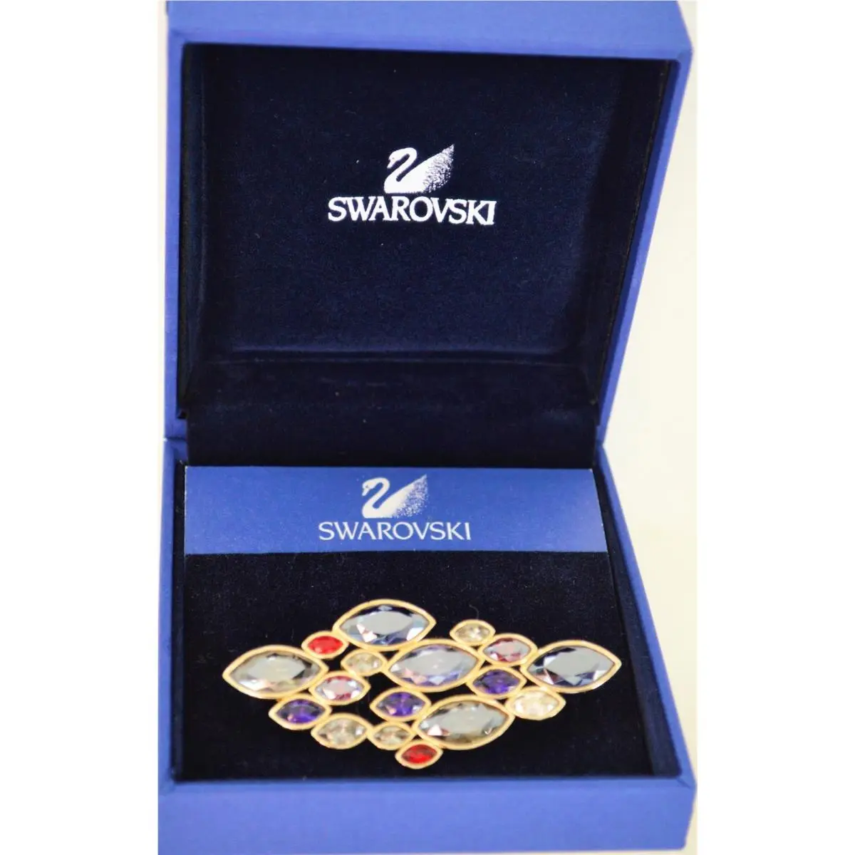 Crystal Brooch Pin 22K Gold Plated Vintage Blue Red Gyuh by Swarovski