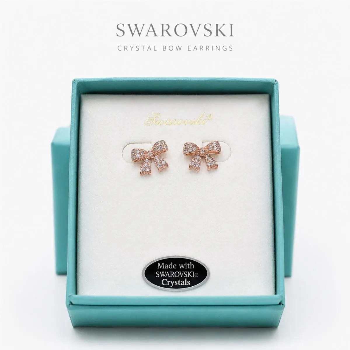 Swarovski Crystal Bow Stud Earrings Rose Gold Tone Sparkle Gift Box
