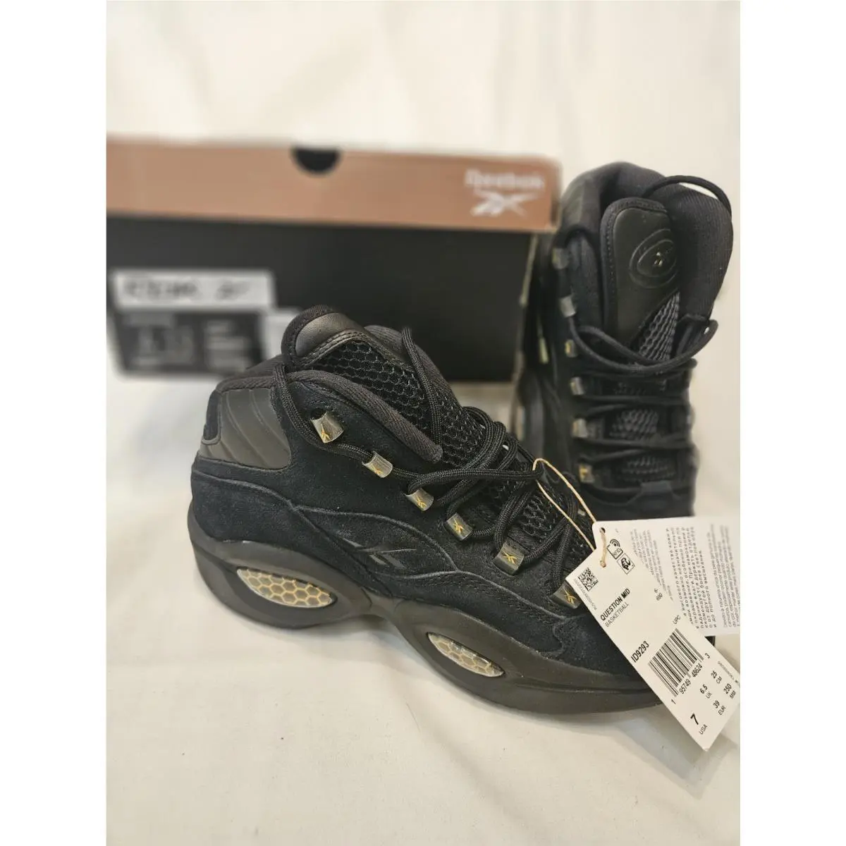Reebok Question Mid Iverson Black Gold ID9293 Men`s Size 7 Women`s Size 8.5