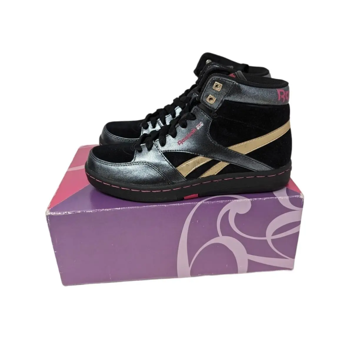 Reebok Courtee Mid Black Pink Classic Hi Top Sneakers Shoes Big Kids Size 2.5 US