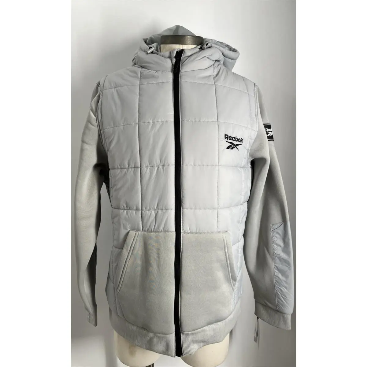 Reebok Men`s Long Tricot Sleeve Full Zip Pure Gray Mixed Media Jacket Size L