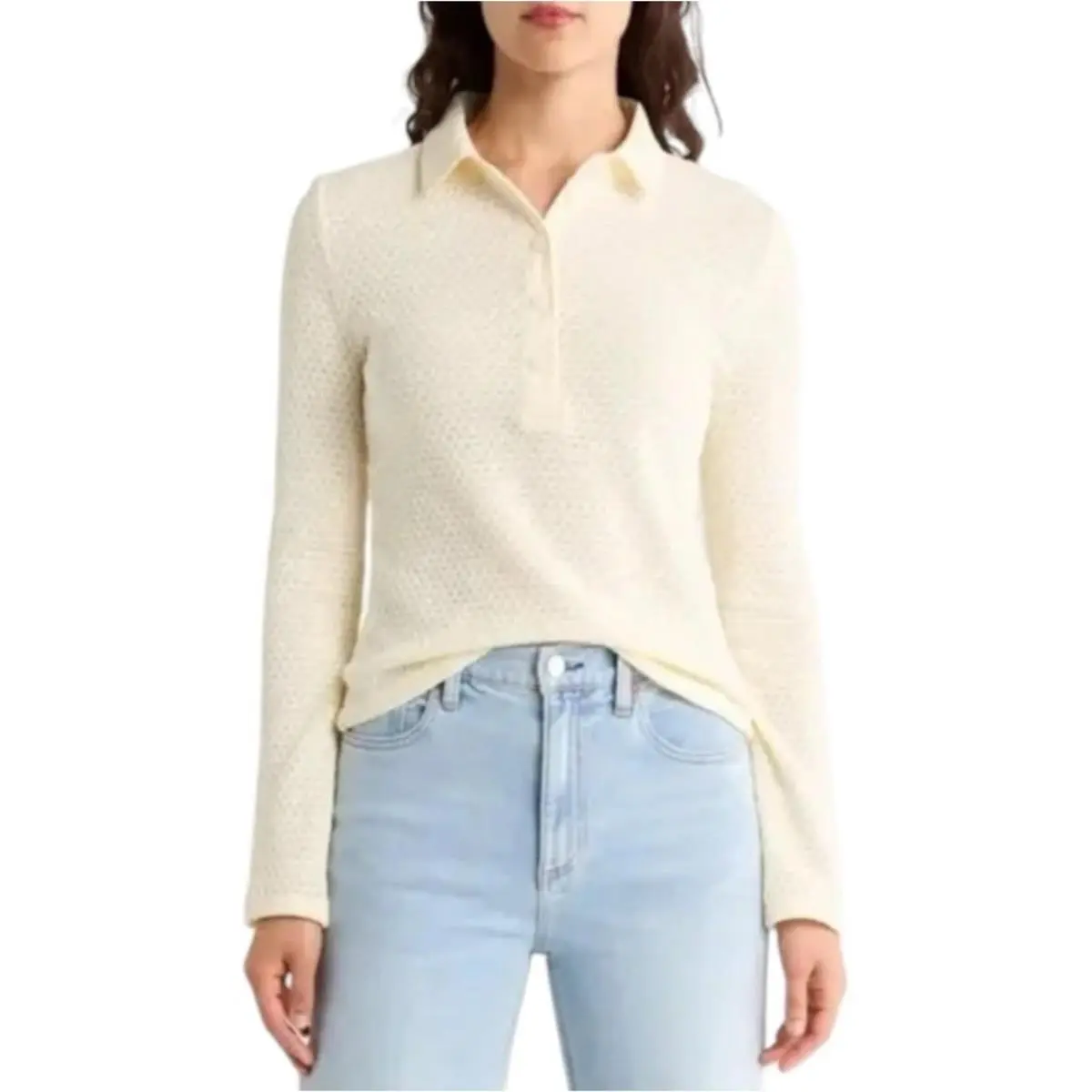 Rag Bone Carine Open Stitch Crochet Long Sleeve Polo Shirt Ivory Sz XS